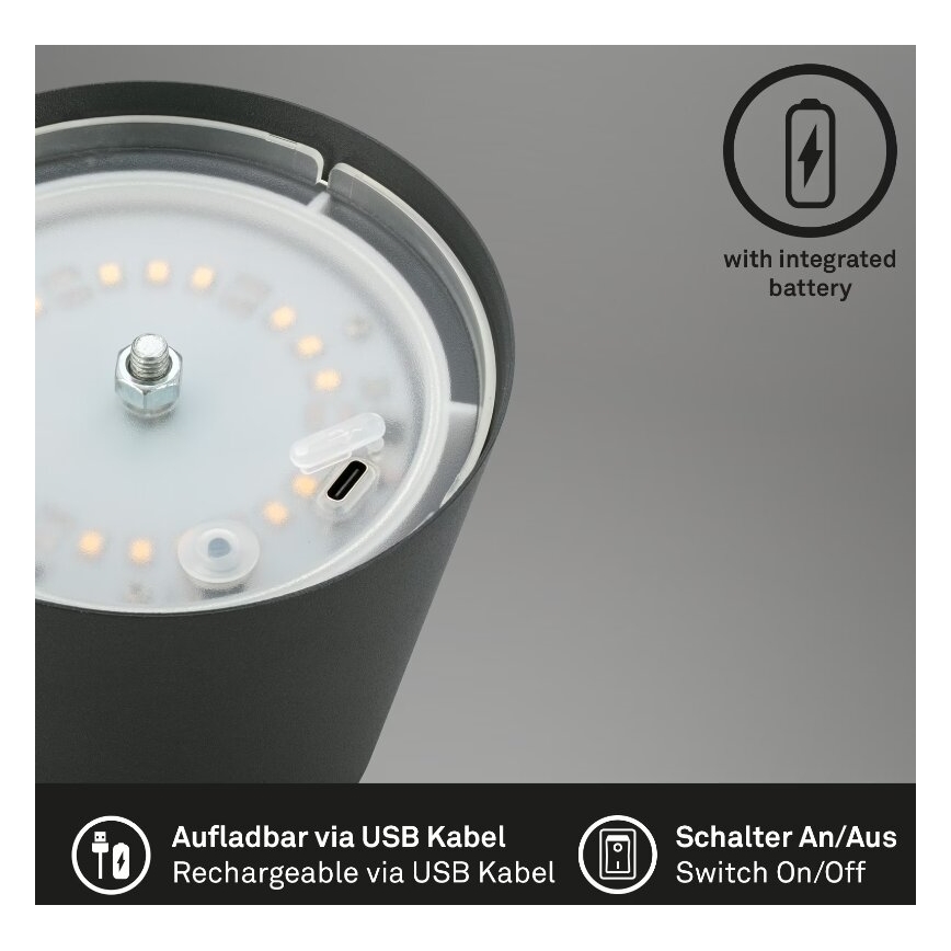 Briloner 7508015 - LED dimmbare wiederaufladbare Außen-Tischlampe 2in1 LED/2,5W/5V IP44 schwarz