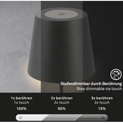 Briloner 7508015 - LED dimmbare wiederaufladbare Außen-Tischlampe 2in1 LED/2,5W/5V IP44 schwarz