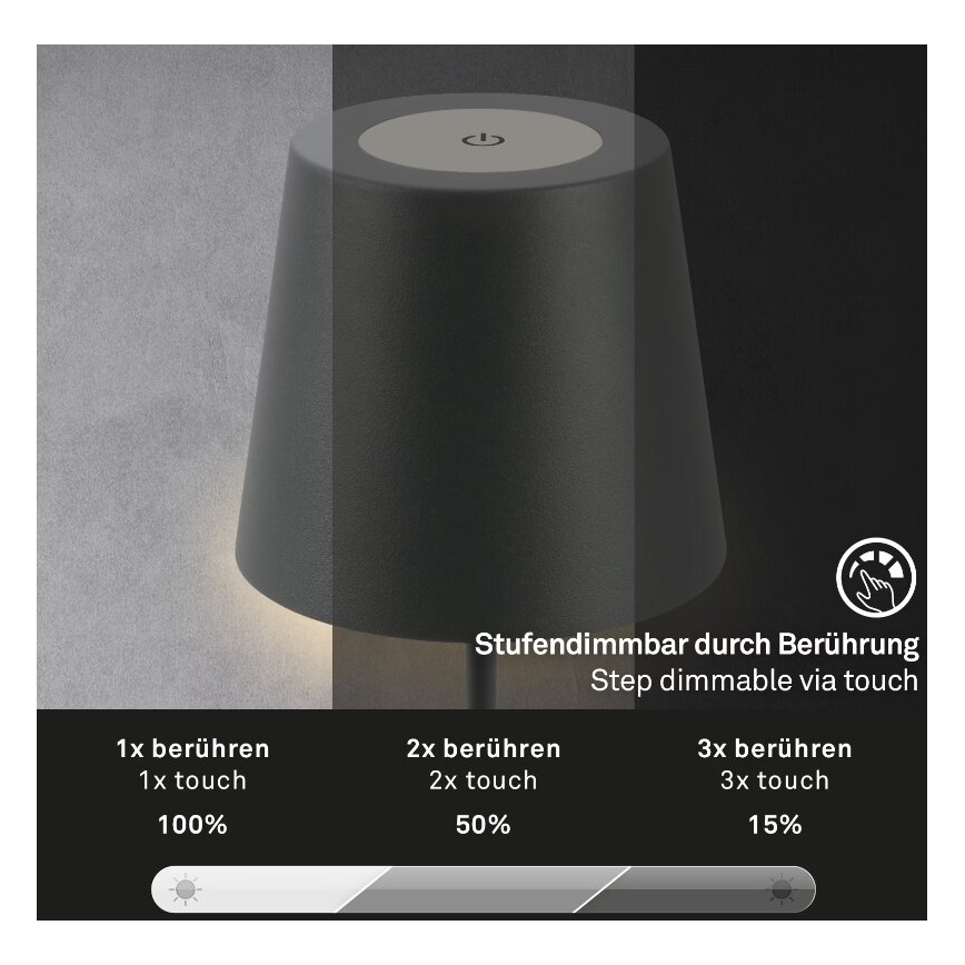 Briloner 7508015 - LED dimmbare wiederaufladbare Außen-Tischlampe 2in1 LED/2,5W/5V IP44 schwarz