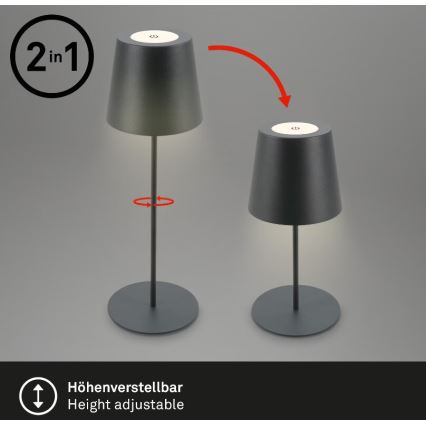 Briloner 7508015 - LED dimmbare wiederaufladbare Außen-Tischlampe 2in1 LED/2,5W/5V IP44 schwarz