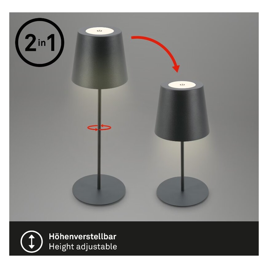 Briloner 7508015 - LED dimmbare wiederaufladbare Außen-Tischlampe 2in1 LED/2,5W/5V IP44 schwarz
