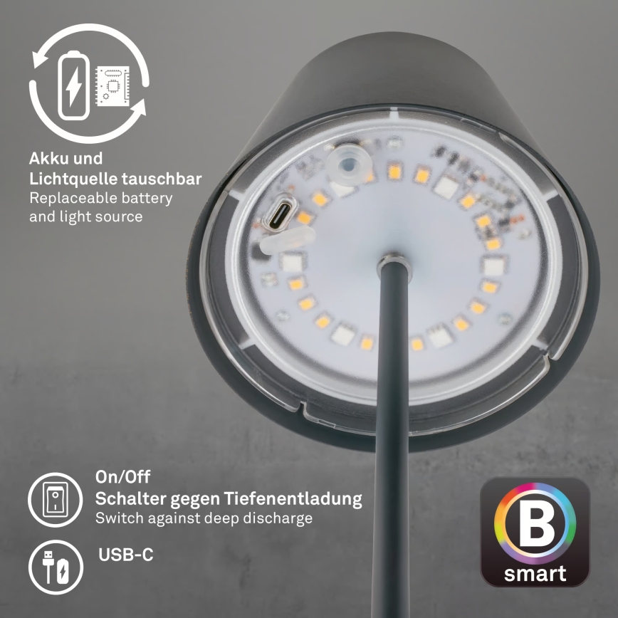 Briloner 7559015 - LED RGB dimmbare, wiederaufladbare Tischleuchte für den Außenbereich COLORIS LED/3,5 W/5 V IP44 2000 mAh anthrazit Wi-Fi Tuya