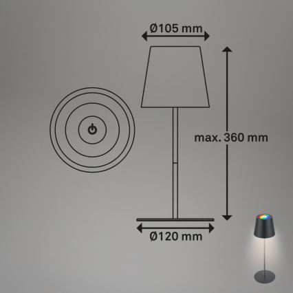 Briloner 7559015 - LED RGB dimmbare, wiederaufladbare Tischleuchte für den Außenbereich COLORIS LED/3,5 W/5 V IP44 2000 mAh anthrazit Wi-Fi Tuya