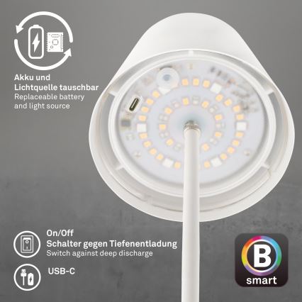Briloner 7559016 - Dimmbare, wiederaufladbare RGB-LED-Outdoor-Tischleuchte COLORIS LED/3,5W/5V IP44 2000 mAh Wi-Fi Tuya