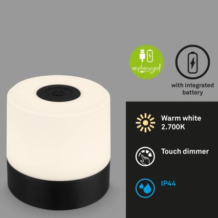 Briloner - LED-dimmbare, wiederaufladbare Touch-Tischleuchte für den Außenbereich LED/2W/5V 2700K IP44 1200 mAh schwarz