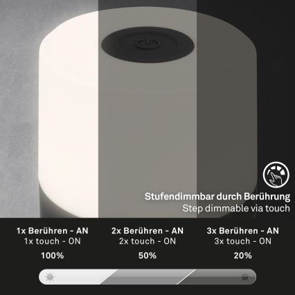 Briloner - LED-dimmbare, wiederaufladbare Touch-Tischleuchte für den Außenbereich LED/2W/5V 2700K IP44 1200 mAh schwarz