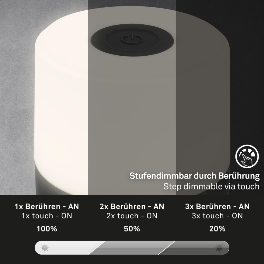 Briloner - LED-dimmbare, wiederaufladbare Touch-Tischleuchte für den Außenbereich LED/2W/5V 2700K IP44 1200 mAh schwarz