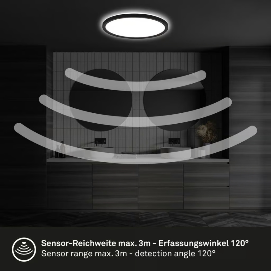 Briloner - LED-Badezimmer-Deckenleuchte mit Bewegungsmelder MOVE LED/18W/230V IP44 Ø 29 cm schwarz
