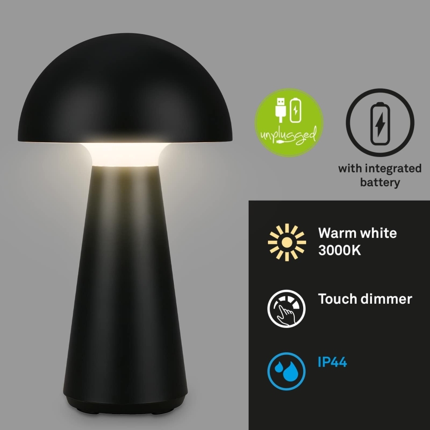 Briloner - Dimmbare, wiederaufladbare Touch-Außen-Tischlampe LED/2,6W/5V 3000K IP44 2000 mAh schwarz