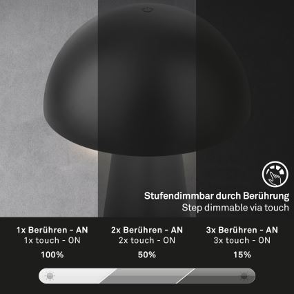 Briloner - Dimmbare, wiederaufladbare Touch-Außen-Tischlampe LED/2,6W/5V 3000K IP44 2000 mAh schwarz