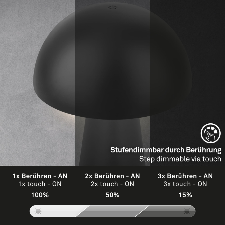 Briloner - Dimmbare, wiederaufladbare Touch-Außen-Tischlampe LED/2,6W/5V 3000K IP44 2000 mAh schwarz