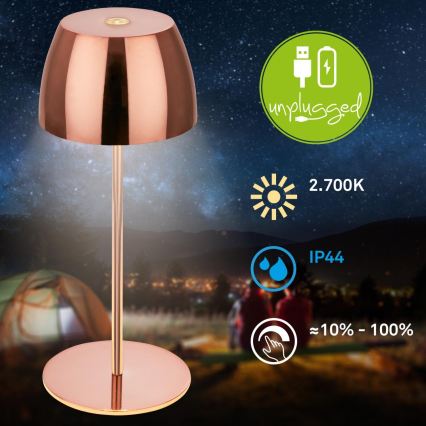 Briloner - MINI-LED-Außen-Tischlampe, dimmbar, wiederaufladbar, Touch-Bedienung, 2,5 W/5 V, IP44, 1800 mAh, kupferfarben