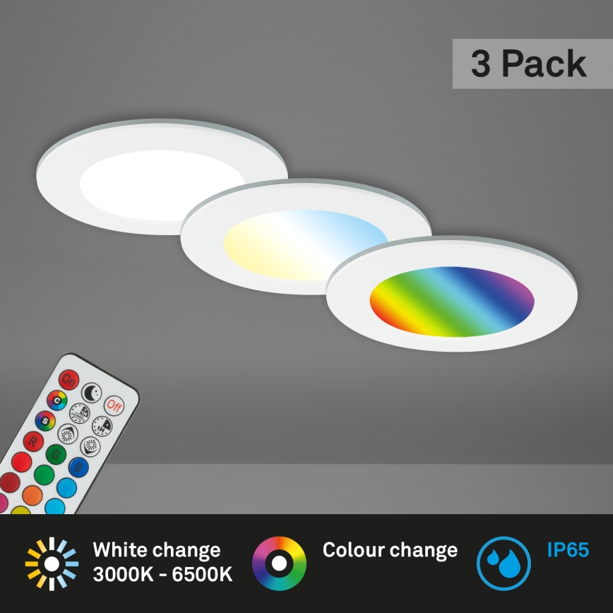 Briloner - SET 3x RGBW Dimmbare LED-Badezimmer-Einbauleuchte LED/4,8W/230V 3000-6500K IP65 + Fernbedienung