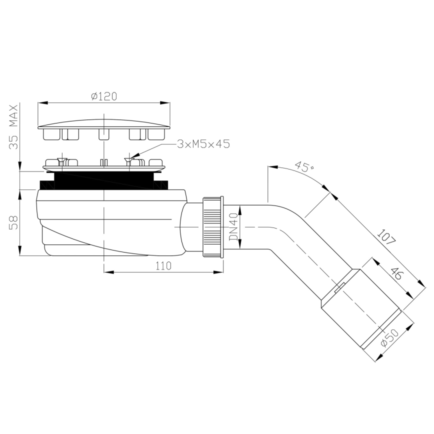 Bruckner - Siphon für Duschwanne niedrig DN40/50 weiß/poliert Edelstahl