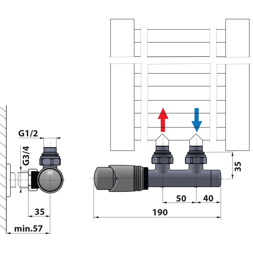 Bruckner - Thermostatisches Verbindungsset für Mittelanschluss WICHER glänzendes Chrom
