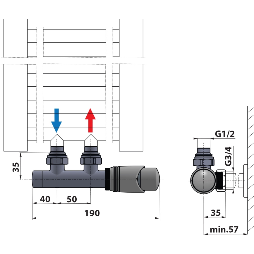 Bruckner - Thermostatisches Verbindungsset für Mittelanschluss WICHER matt schwarz