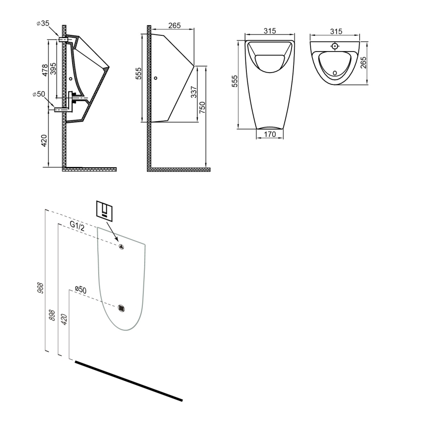 Bruckner - Urinal SCHWARN Zulauf hinten, Ablauf hinten Keramik/matt schwarz