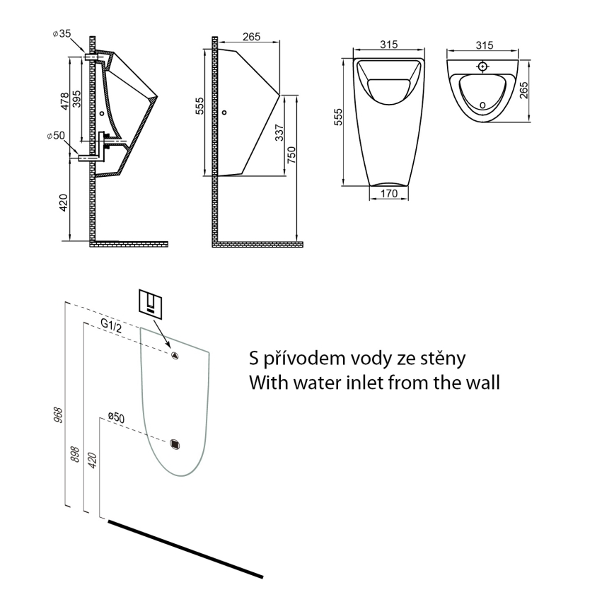 Bruckner - Urinal SCHWARN Zulauf hinten, Ablauf hinten Keramik/weiß