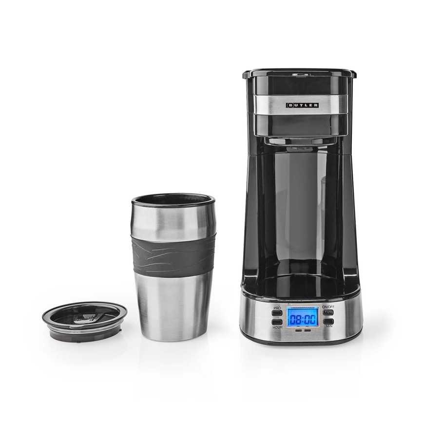 Butler - Ein-Tassen-Kaffeemaschine 0,4 l mit Timer und Reisebecher 750W/230V Edelstahl/schwarz
