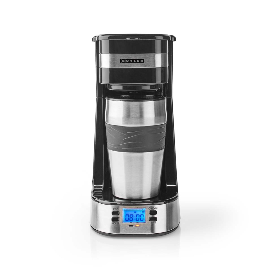 Butler - Ein-Tassen-Kaffeemaschine 0,4 l mit Timer und Reisebecher 750W/230V Edelstahl/schwarz