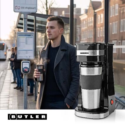 Butler – Kaffeemaschine für eine Tasse 0,4 l mit Reisebecher, 750 W/230 V, Edelstahl/Schwarz