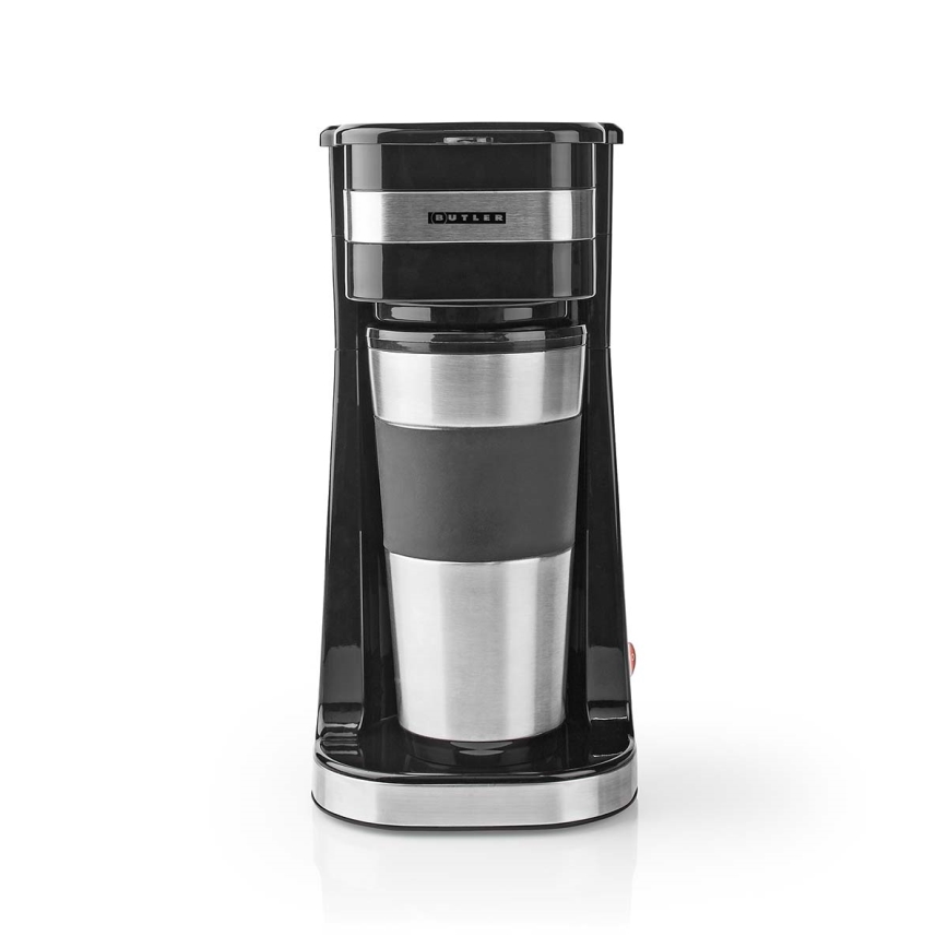 Butler – Kaffeemaschine für eine Tasse 0,4 l mit Reisebecher, 750 W/230 V, Edelstahl/Schwarz