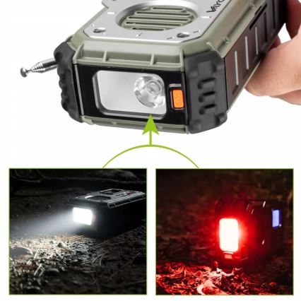 Camping-Radio mit Kurbel, Solarpanel und LED-Taschenlampe mit Powerbank-Funktion, 5 V / 3×AAA / 2000 mAh, IPX4, grün