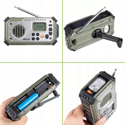 Camping-Radio mit Kurbel, Solarpanel und LED-Taschenlampe mit Powerbank-Funktion, 5 V / 3×AAA / 2000 mAh, IPX4, grün
