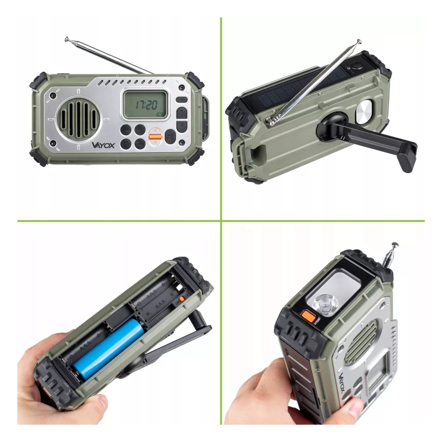 Camping-Radio mit Kurbel, Solarpanel und LED-Taschenlampe mit Powerbank-Funktion, 5 V / 3×AAA / 2000 mAh, IPX4, grün