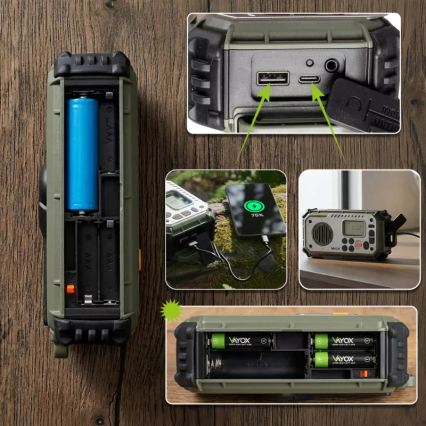 Camping-Radio mit Kurbel, Solarpanel und LED-Taschenlampe mit Powerbank-Funktion, 5 V / 3×AAA / 2000 mAh, IPX4, grün