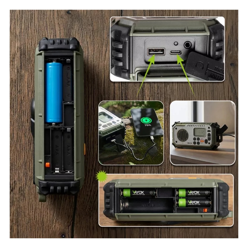 Camping-Radio mit Kurbel, Solarpanel und LED-Taschenlampe mit Powerbank-Funktion, 5 V / 3×AAA / 2000 mAh, IPX4, grün
