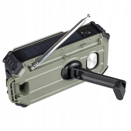 Camping-Radio mit Kurbel, Solarpanel und LED-Taschenlampe mit Powerbank-Funktion, 5 V / 3×AAA / 2000 mAh, IPX4, grün