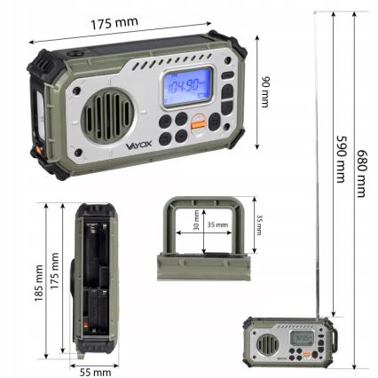 Camping-Radio mit Kurbel, Solarpanel und LED-Taschenlampe mit Powerbank-Funktion, 5 V / 3×AAA / 2000 mAh, IPX4, grün