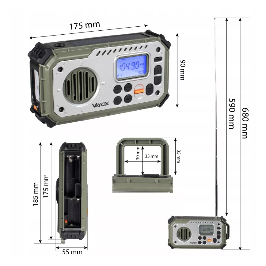 Camping-Radio mit Kurbel, Solarpanel und LED-Taschenlampe mit Powerbank-Funktion, 5 V / 3×AAA / 2000 mAh, IPX4, grün