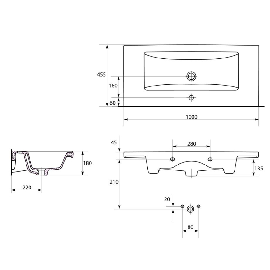 Cersanit K32-016-EX1 - Einbauwaschbecken COMO 45 x 100 cm, Keramik, Hochglanzweiß