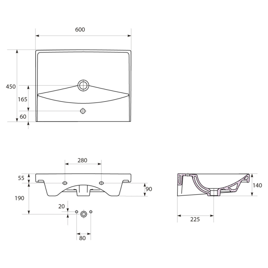 Cersanit S801-142-DSM - Wandhängender Badezimmerschrank mit Waschbecken LARA CITY 60x45 cm weiß