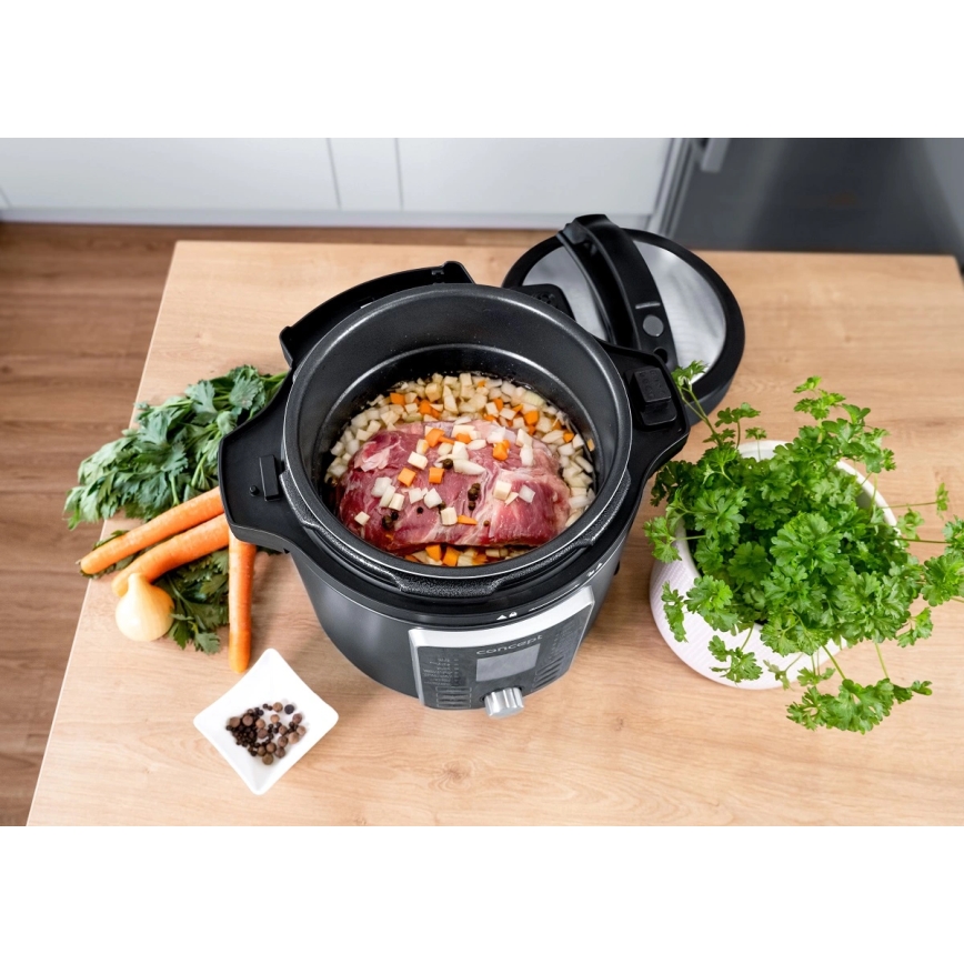 Concept CK8000 - Multifunktionaler elektrischer Schnellkochtopf und Heißluftfritteuse, 5,6 l, 11-in-1, 1500 W/230 V, schwarz