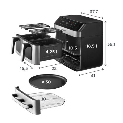 Concept FR9000 - Heißluftfritteuse PIZZA TRIO 18,5 l 2700W/230V Edelstahl/Schwarz