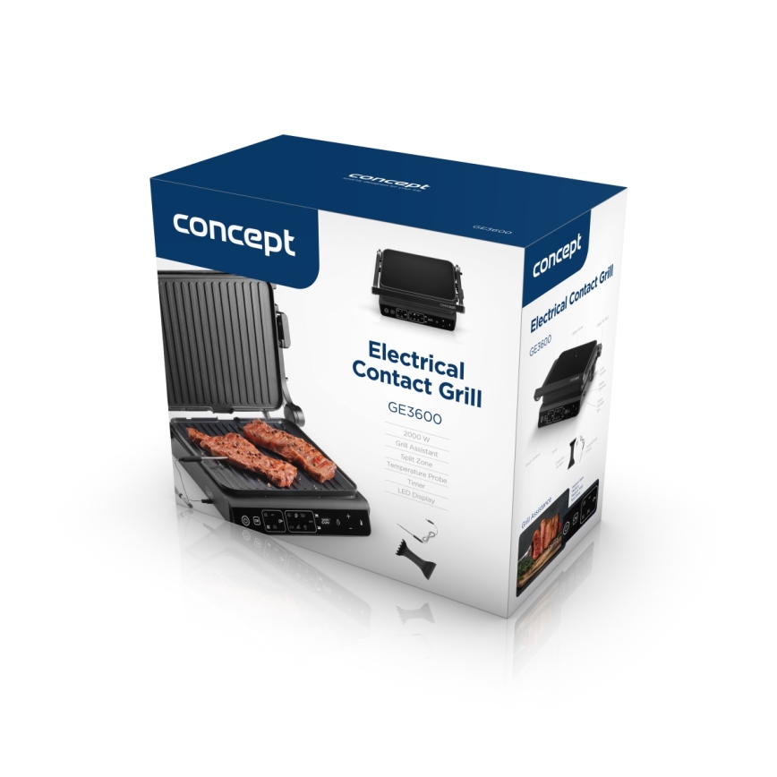 Concept ge3600 - Kontaktgrill mit Temperaturfühler GLASS 2000W/230V schwarz