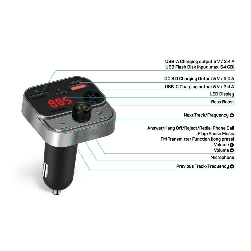 CONNECT IT CCC-8900-AN - FM-Sender fürs Auto mit Freisprechfunktion schwarz/silber