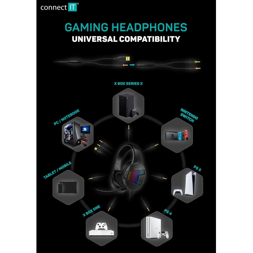 CONNECT IT CHP-3595-BK - LED RGB Kabelgebundene Gaming-Kopfhörer mit Mikrofon schwarz
