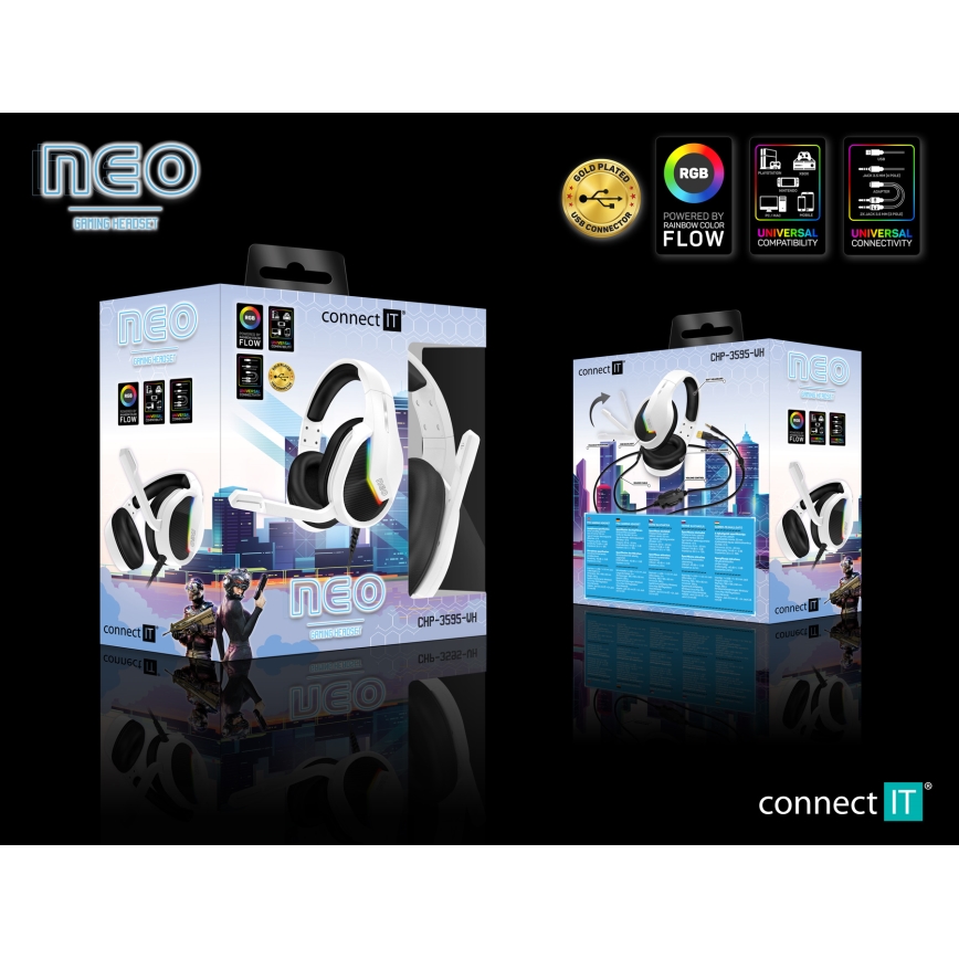 CONNECT IT CHP-3595-WH - LED RGB Kabelgebundene Gaming-Kopfhörer mit Mikrofon weiß/schwarz