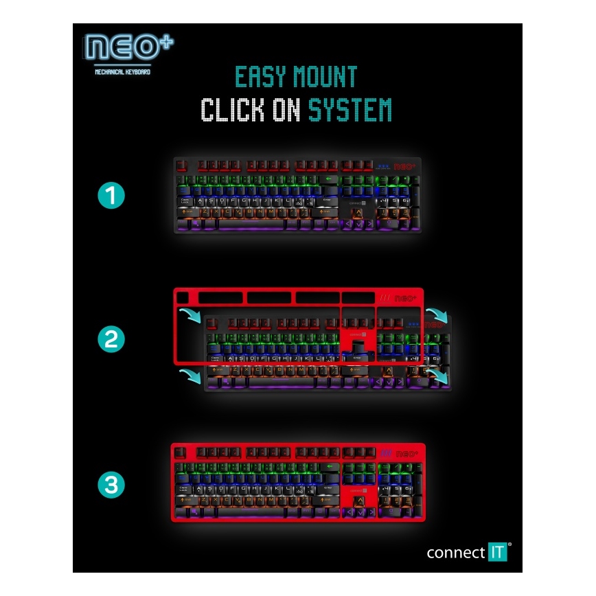 CONNECT IT CKB-3591-CS - LED RGB Kabelgebundene Gaming-Tastatur mit CZ/SK-Lokalisierung schwarz + rot Rahmen