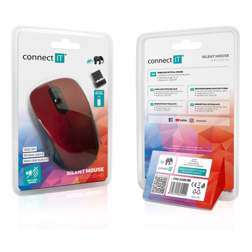 CONNECT IT CMO-2230-RD - Kabellose Silent-Maus MUTE 1200 DPI 1xAA schwarz/rot