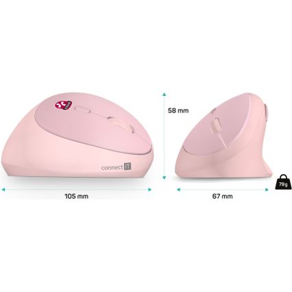 CONNECT IT CMO-2600-PK - Ergonomische kabellose Maus 800/1200/1600 DPI 1xAA rosa