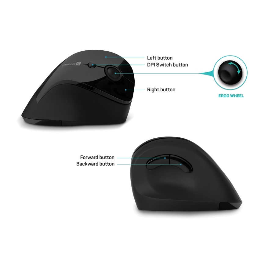 CONNECT IT CMO-2700-BK - Ergonomische, kabellose Maus 800/1200/1600 DPI 1xAA schwarz