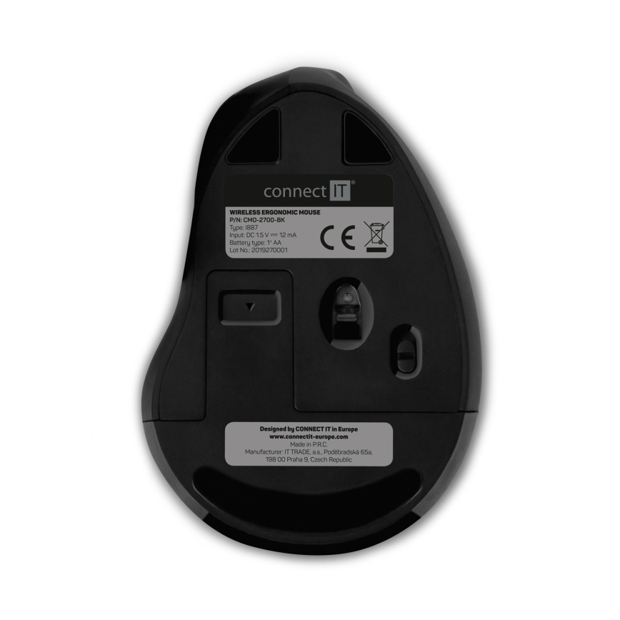 CONNECT IT CMO-2700-BK - Ergonomische, kabellose Maus 800/1200/1600 DPI 1xAA schwarz