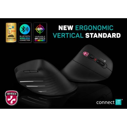 CONNECT IT CMO-2880-BK - Ergonomische kabellose Verti TriMode-Maus 1000/1600/2400 DPI 2xAAA schwarz