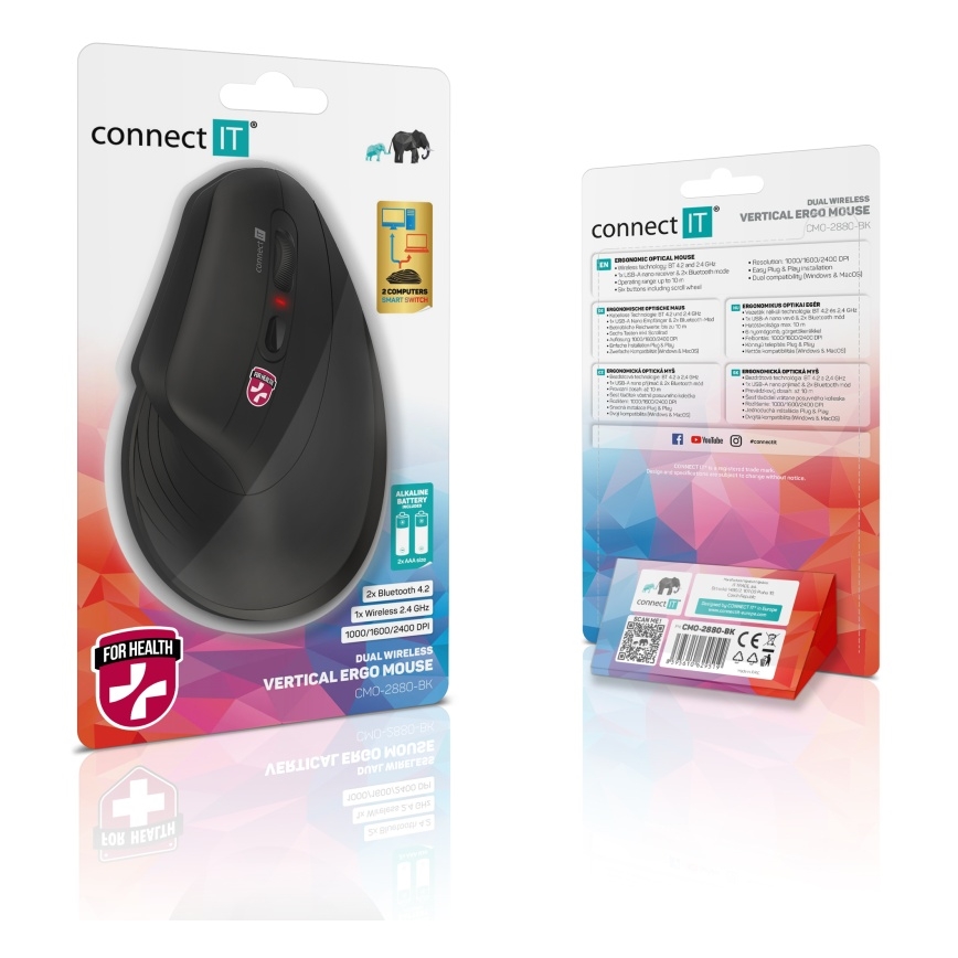 CONNECT IT CMO-2880-BK - Ergonomische kabellose Maus Verti TriMode 1000/1600/2400 DPI 2xAAA schwarz