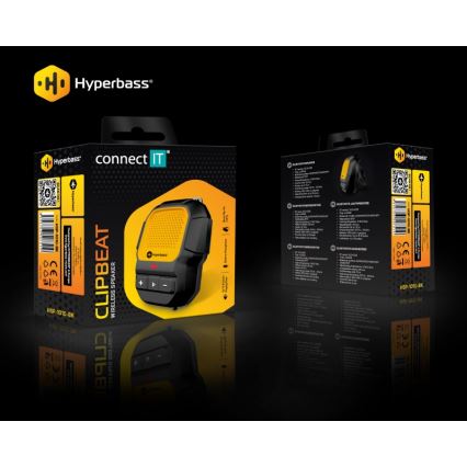 CONNECT IT HSP-1010-BK - ClipBEAT kabelloser Lautsprecher mit integriertem Mikrofon, 2 W/5 V, 560 mAh, IPX7, schwarz/gelb